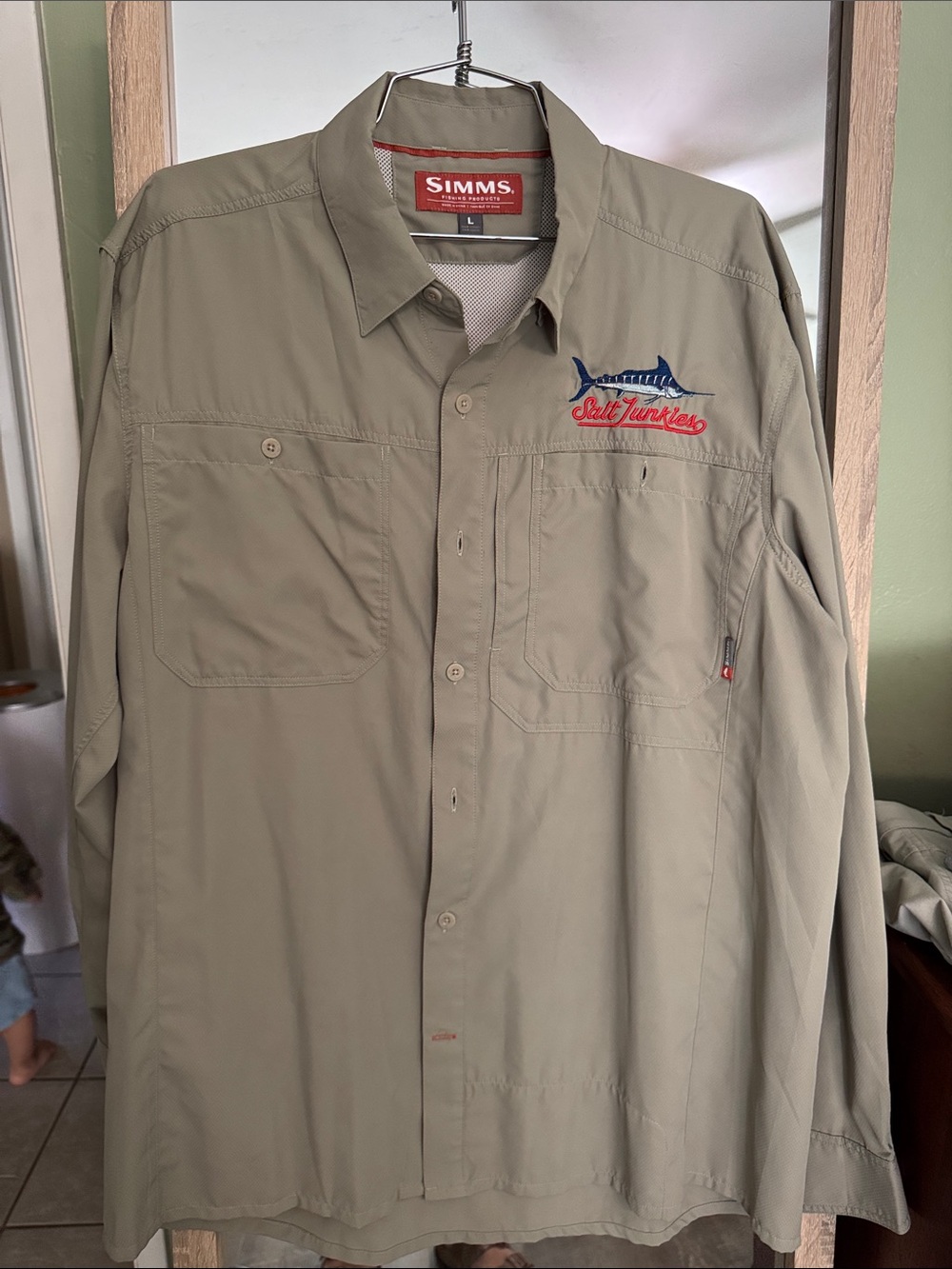 Simms Olive Green Guide shirt Marlin with Red Logo
